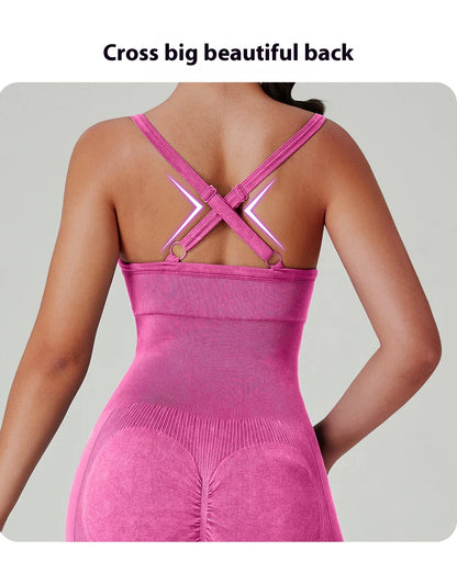 Women's Washed Yoga Bodysuit High Waisted Seamless 4-Way Stretch Workout Activewear Breathable Quick-Dry Lounge Jumpsuit