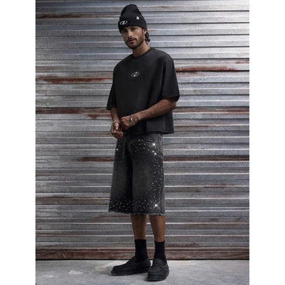 Men's Rhinestone Denim Shorts Baggy Raw Hem Jean Shorts Summer Casual Streetwear Y2K Black Washed No Stretch Pants