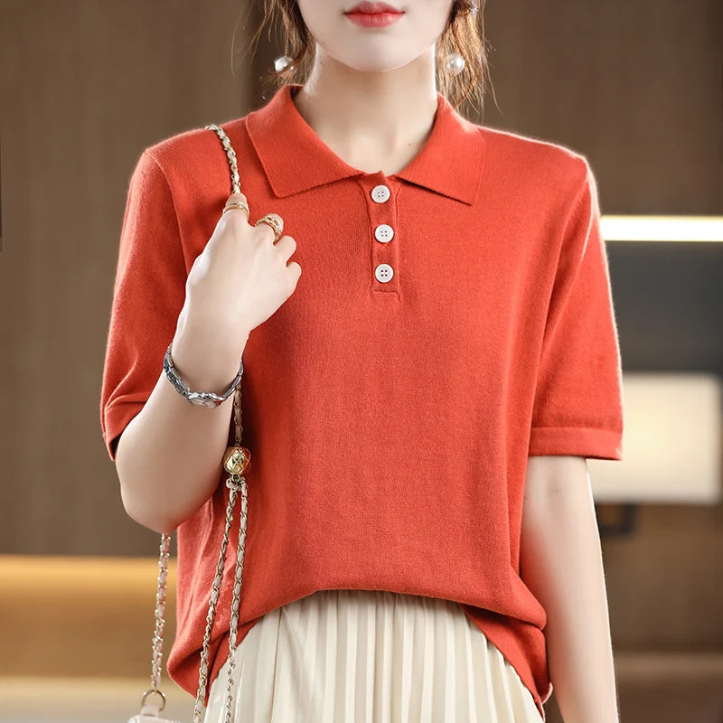 Women's T-shirt Summer 100% Cotton Sweater Short Sleeve Casual Knitted POLO Collar Women's Top Loose Pullover T-shirt Button
