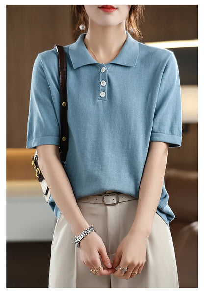 Women's T-shirt Summer 100% Cotton Sweater Short Sleeve Casual Knitted POLO Collar Women's Top Loose Pullover T-shirt Button