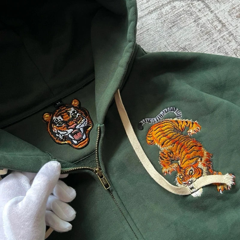 Y2k Men Women Casual Tiger Embroidery Hoodie Oversized Zip Up Sweatshirts Long Sleeve With Kangaroo Pocket Olive Green Clothes