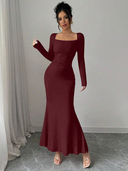 Women's Four Seasons New Style Women's Elegant Temperament Retro Solid Color Square Collar Long Sleeve Dress