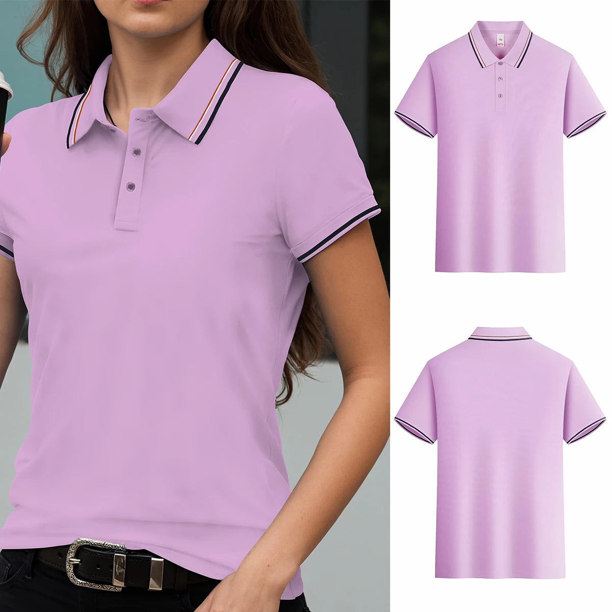 Stripe Solid Color Polo Shirts Sport All-Match Women Short Sleeve Collar  Summer Comfortable Woman Tops
