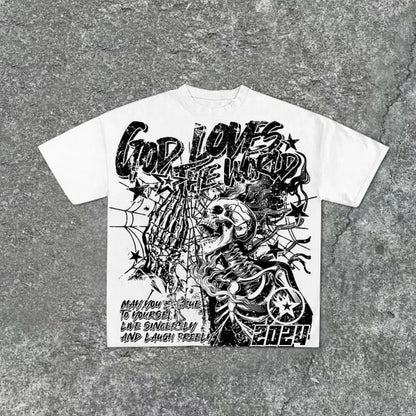 Summer men's fashion style skull print comfortable and breathable with round neck T-shirt outdoor warning top