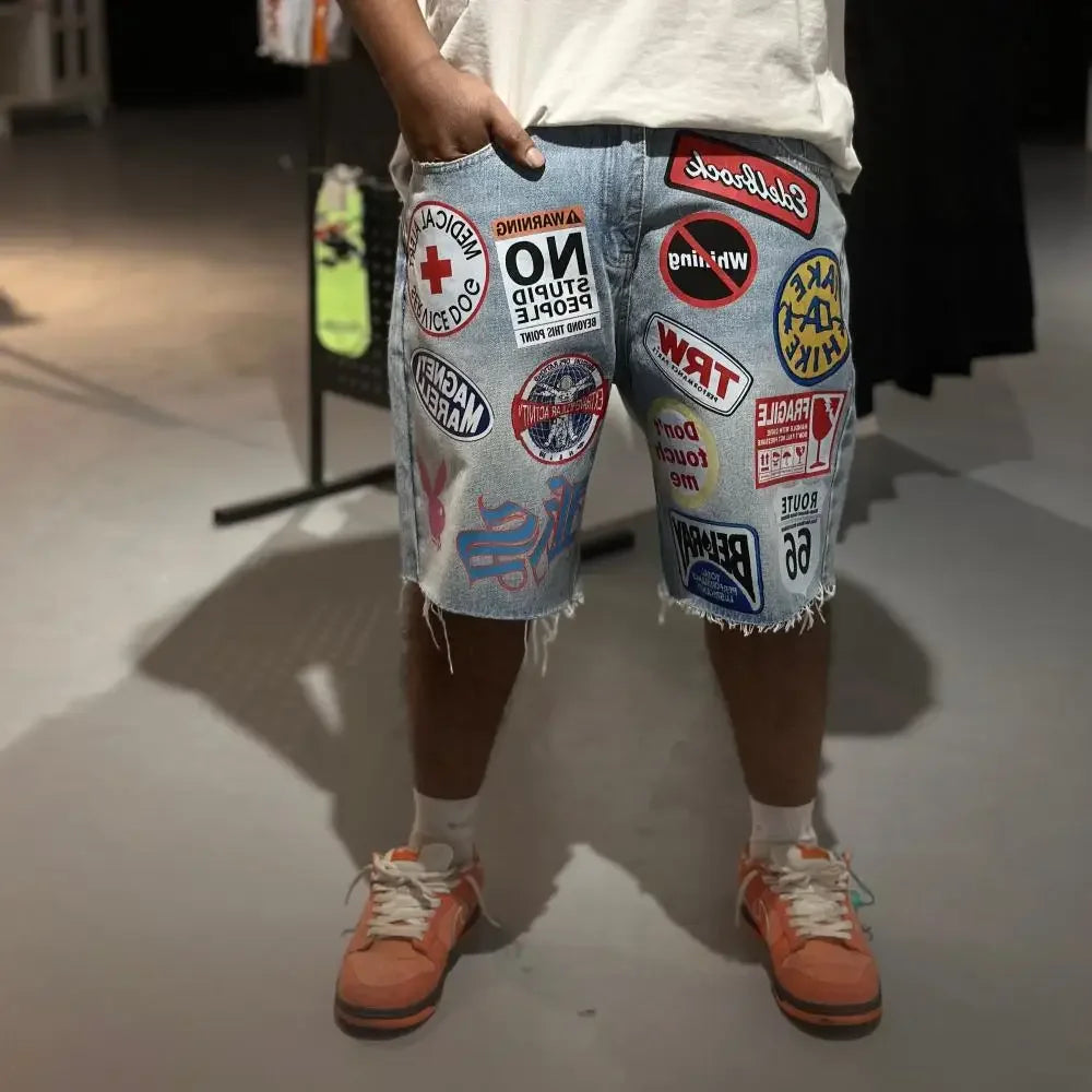 American Retro Denim Shorts Y2K Jeans Harajuku Hip Hop Cartoon Embroidery Retro Baggy Shorts Low Waist Sports Basketball Shorts