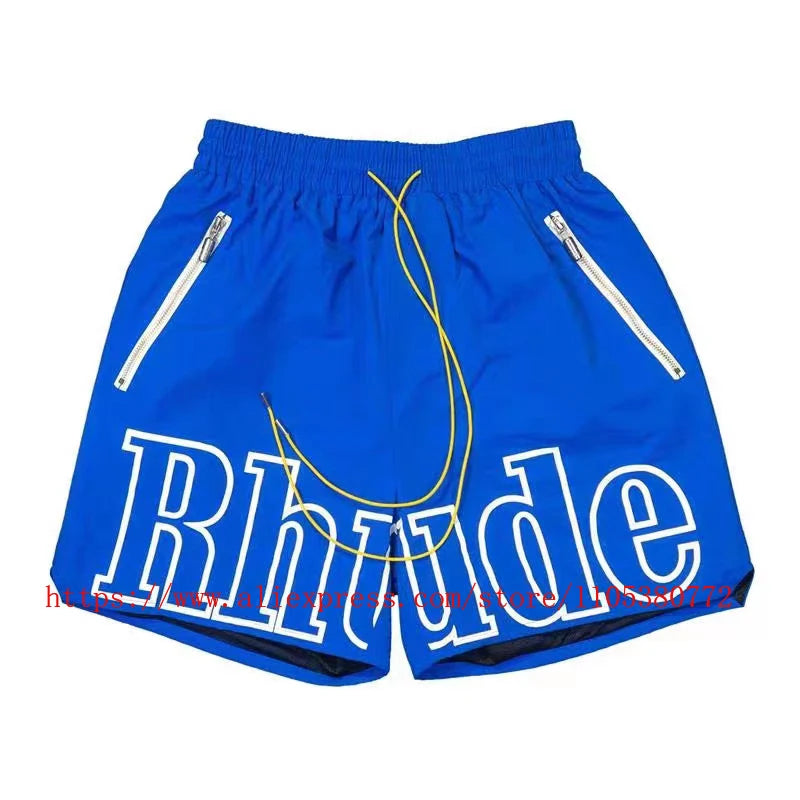 Latest Style RHUDE Men's  Casual Shorts Hip Hop Elastic Waist Drawstring Zip Pocket Summer Street Leisure Beach Shorts