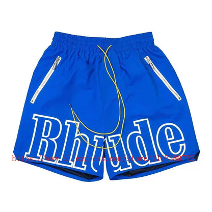 Latest Style RHUDE Men's  Casual Shorts Hip Hop Elastic Waist Drawstring Zip Pocket Summer Street Leisure Beach Shorts