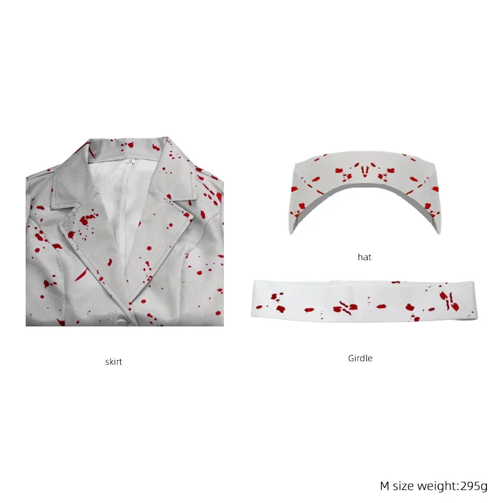 Silent Hill Nurse Cosplay Costume, Womens White Bloodstained Uniform With Belt And Hat, Halloween Fancy Dress For Comic
