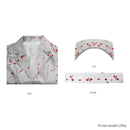 Silent Hill Nurse Cosplay Costume, Womens White Bloodstained Uniform With Belt And Hat, Halloween Fancy Dress For Comic
