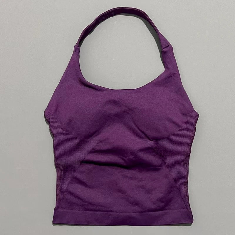 Histello Longline Strappy Top Women Sports Tank Halter Seamless Ruched Backless Gym Activewear Workout Yoga Fitness Tops