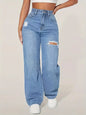 Trendy Wide Leg Distressed Straight Jeans for Women Elastic Casual Bootcut Denim Pants Bestseller Fashionable Ladies Jeans