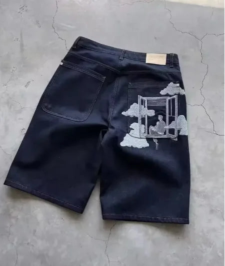 Denim shorts hip hop heraldic embroidered boy and girlfriend punk casual basketball shorts Y2K Harajuku retro street wear