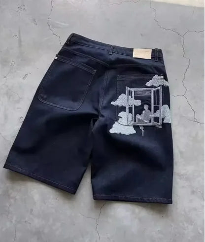 Denim shorts hip hop heraldic embroidered boy and girlfriend punk casual basketball shorts Y2K Harajuku retro street wear
