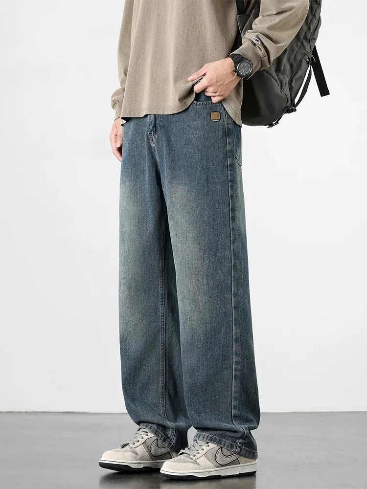 American Retro Straight Jeans Men Streetwear Loose Baggy Wide Leg Denim Pants Male Casual Trousers