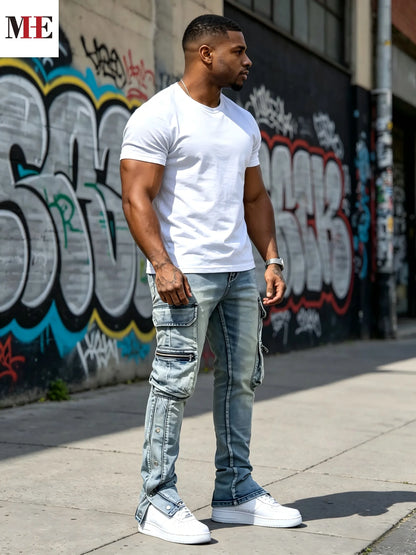 HME Men's Flared Denim Pants, Light Blue Vintage Jeans with Rips & Zipper Hem for Casual Style