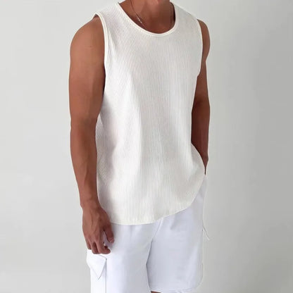 Men's White Ribbed Tank Top Summer Loose Fit Round Neck Gym Workout Sleeveless T-Shirt Sport Breathable Muscle Vest