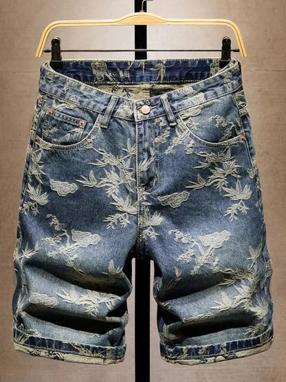 Jacquard Denim Shorts Chinese Style Straight Five-Point Pants Trendy Mid-Length Jeans New Fashion Tide Summer