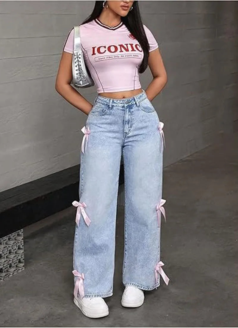 Luxury Women's Jeans Street Chic Street Style Bowknot Design Washed Denim Pants Loose Straight Wide Leg Pants For Y2kk