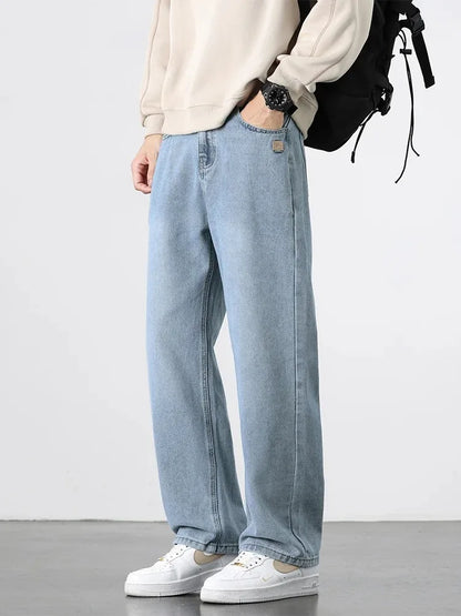 American Retro Straight Jeans Men Streetwear Loose Baggy Wide Leg Denim Pants Male Casual Trousers