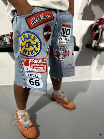 American Retro Denim Shorts Y2K Jeans Harajuku Hip Hop Cartoon Embroidery Retro Baggy Shorts Low Waist Sports Basketball Shorts