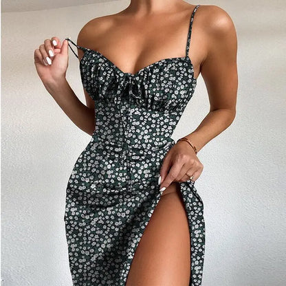 Women Elegant Floral Beach Vacation Streetwear Sexy Low Cut Beach Party Slim Slit Dress Chic Bodycon Lady Sleeveless Vestidos