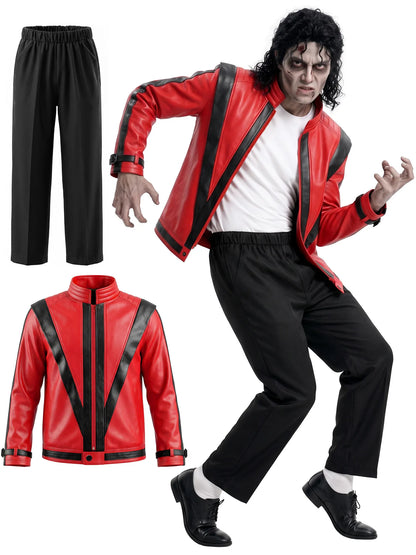 Adults Michael Red Faux Leather Jacket Pant Set Jackson Fashion Music Idol Character Creative Halloween Stage Performance Suits