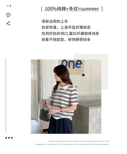 Summer women's100% cotton casual striped knitted T-shirt short sleeved loose POLO collar pullover Korean version fashionable top