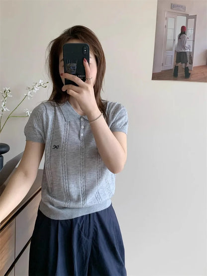 AOSSVIAO Summer New Korean Fashion Slim Polo shirt Knitted Short Sleeve T-shirt Sweet Bow Embroidered Knitted  Women Tops
