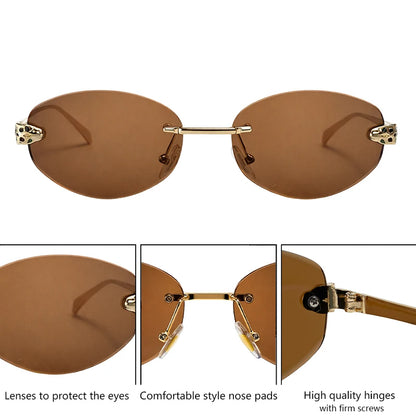 Vintage Rimless Oval Punk Sunglasses Men Luxury Designer Leopard Head Frameless Sun Glasses Hip Hop Outdoor Shades Eyewear