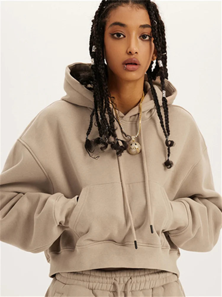 Profashion  Loose Hoodies Women Autumn Winter Long Sleeve Crop Top Streetwear Solid Drawstring Hooded Shirt Casual Female Sweatshirt