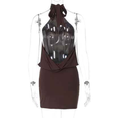 Hugcitar Fashion Halter Solid Sleeveless Backless Bandage Ruched Sexy Slim Mini Dress Summer Clothes Party Vacation Club