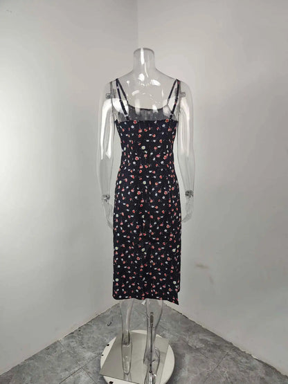 Women Elegant Floral Beach Vacation Streetwear Sexy Low Cut Beach Party Slim Slit Dress Chic Bodycon Lady Sleeveless Vestidos