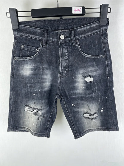 3006 Summer New Men's Jeans Washed Ripped Patch Paint Slim-fit Micro-elastic Denim Shorts Men's Black