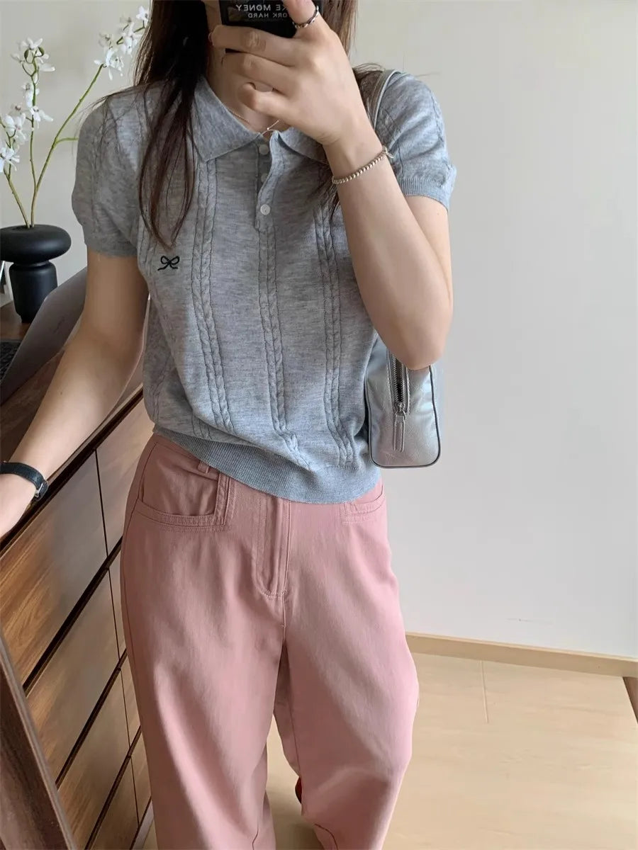 Summer Slim Polo shirt Knitted Short Sleeve T-shirt Sweet Bow Embroidered Knitted  Women Tops