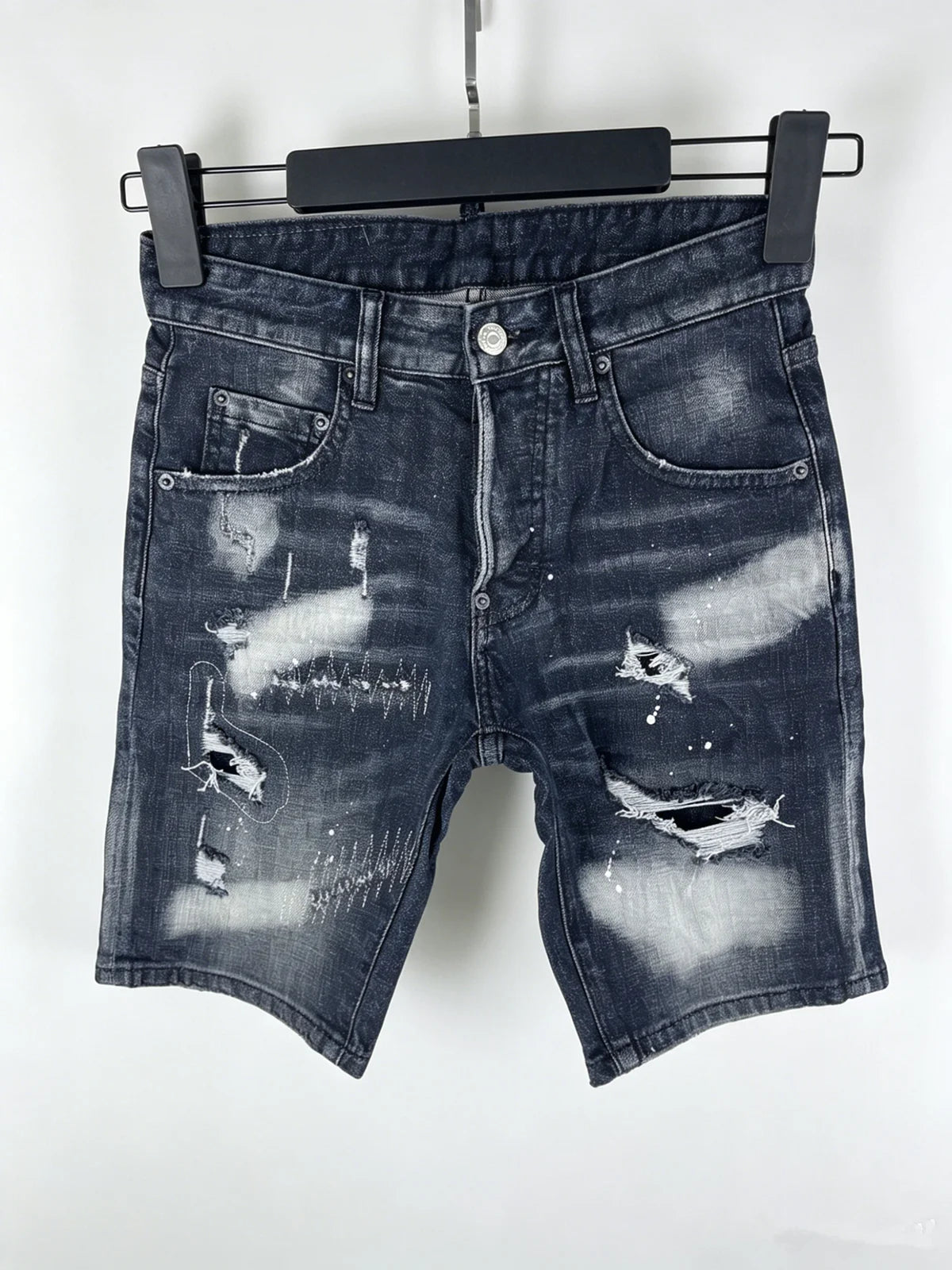 3006 Summer New Men's Jeans Washed Ripped Patch Paint Slim-fit Micro-elastic Denim Shorts Men's Black