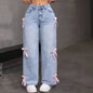 Luxury Women's Jeans Street Chic Street Style Bowknot Design Washed Denim Pants Loose Straight Wide Leg Pants For Y2kk