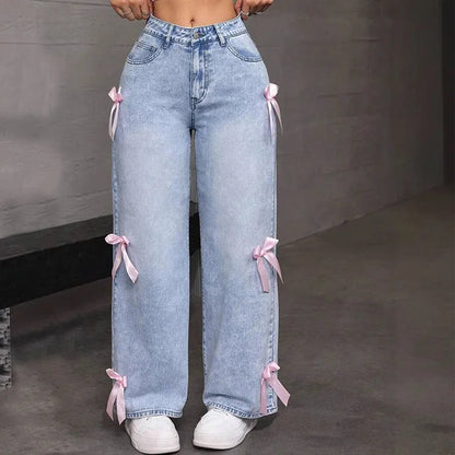 Luxury Women's Jeans Street Chic Street Style Bowknot Design Washed Denim Pants Loose Straight Wide Leg Pants For Y2kk
