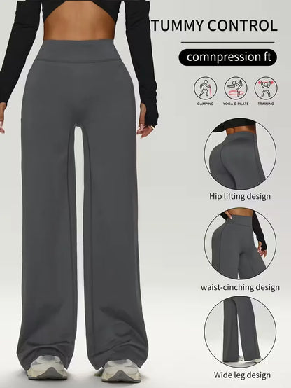 Gym Workout Wide Leg Leggings Women High Waist Tummy Control Loose Yoga Pants Woman Gray Hip Lifting Straight Sports Trousers