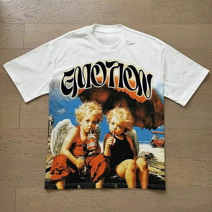 Unisex Couple Street Style Angel Print Summer Top Round Neck Short Sleeve T-Shirt