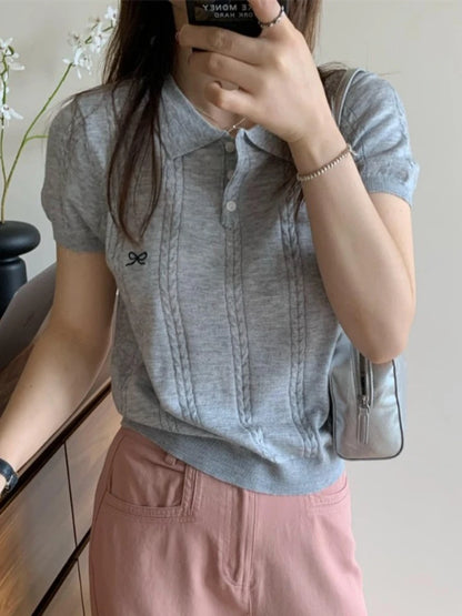 Summer Slim Polo shirt Knitted Short Sleeve T-shirt Sweet Bow Embroidered Knitted  Women Tops