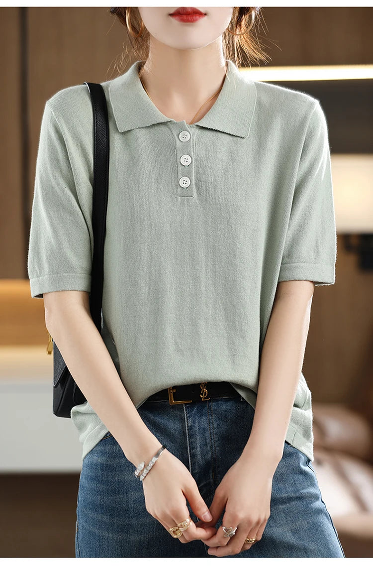 Women's T-shirt Summer 100% Cotton Sweater Short Sleeve Casual Knitted POLO Collar Women's Top Loose Pullover T-shirt Button