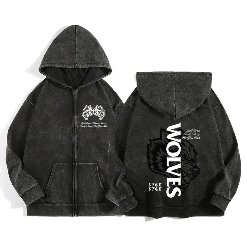 Darc Wolves Sport Zip Up Hoodies for Unisex Cotton Print Gothic Harajuku Jacket Hooded Sweatshirts Casual Manga Pullover