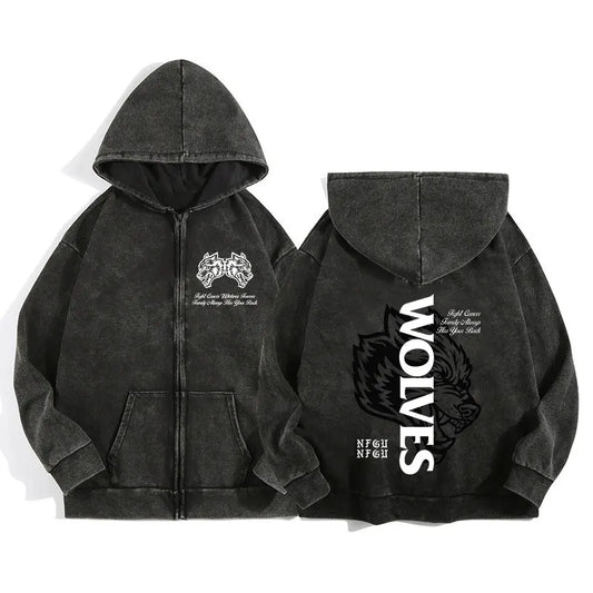 Darc Wolves Sport Zip Up Hoodies for Unisex Cotton Print Gothic Harajuku Jacket Hooded Sweatshirts Casual Manga Pullover