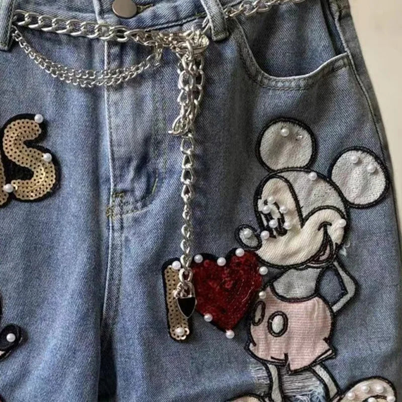 Supzoom New Arrival Loose Casual Summer Top Fashion Cotton Embroidery Beading Mickey Mouse Summer Denim Shorts
