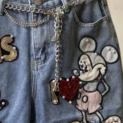 Supzoom New Arrival Loose Casual Summer Top Fashion Cotton Embroidery Beading Mickey Mouse Summer Denim Shorts