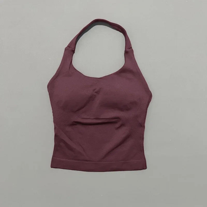 Histello Longline Strappy Top Women Sports Tank Halter Seamless Ruched Backless Gym Activewear Workout Yoga Fitness Tops