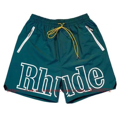 Latest Style RHUDE Men's  Casual Shorts Hip Hop Elastic Waist Drawstring Zip Pocket Summer Street Leisure Beach Shorts