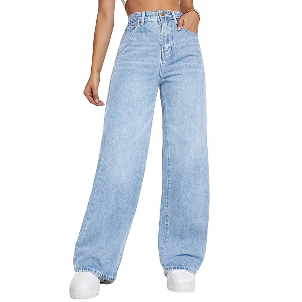 High Waist Denim Pants For Women Stretchy Wide-Leg Jeans With Pockets Casual Straight Leg Summer Autumn Female Jean Trousers