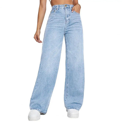High Waist Denim Pants For Women Stretchy Wide-Leg Jeans With Pockets Casual Straight Leg Summer Autumn Female Jean Trousers
