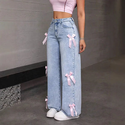 Luxury Women's Jeans Street Chic Street Style Bowknot Design Washed Denim Pants Loose Straight Wide Leg Pants For Y2kk